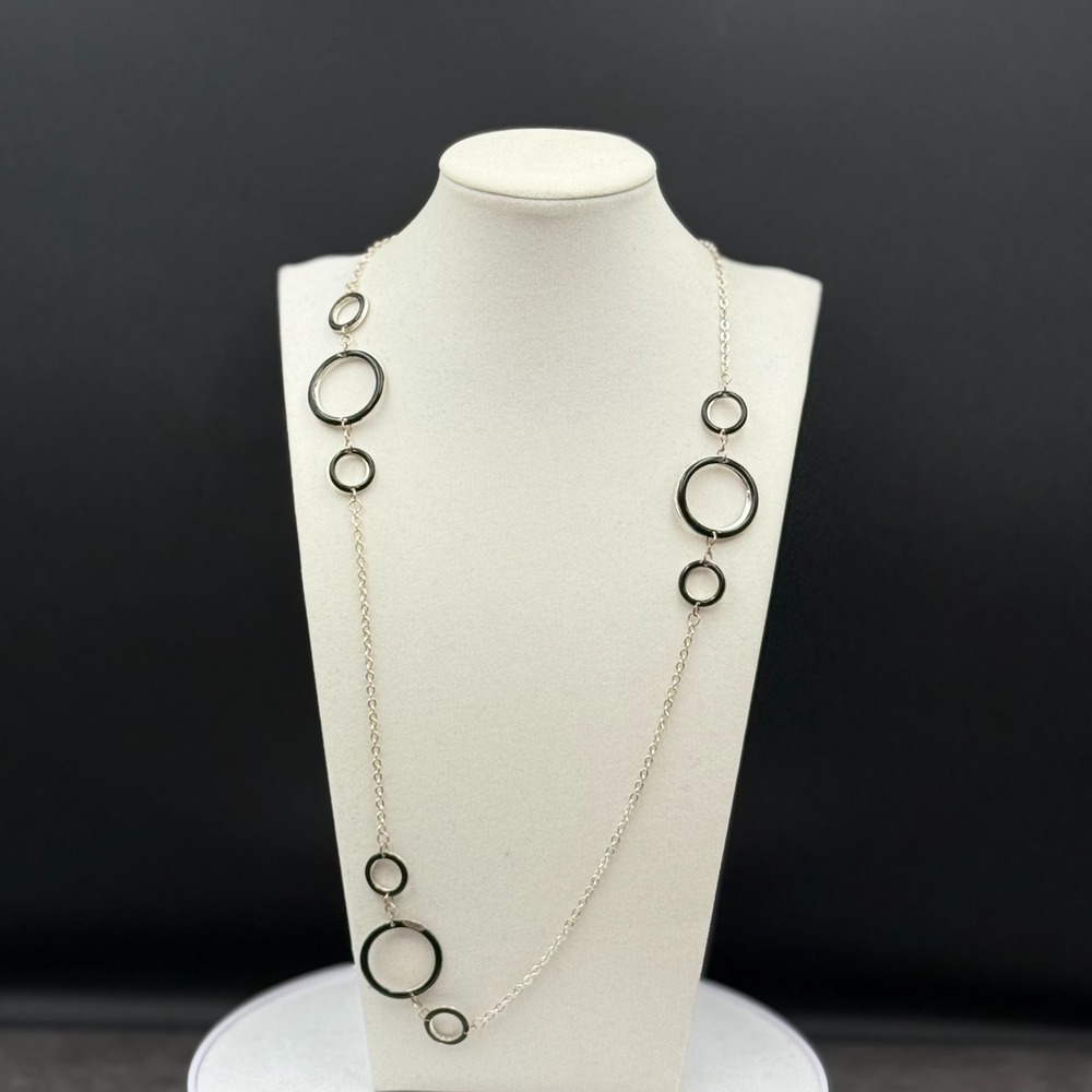 Vintage Silver Black Enamel Open Circle Necklace Modern Minimalist Chic